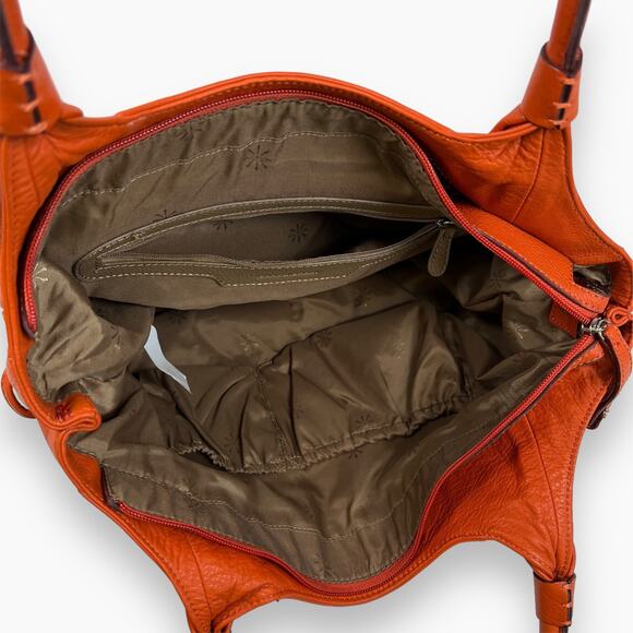 Isaac Mizrahi Leather Handbag Orange Satchel Zip Close Handles Inner Pockets - Picture 8 of 14